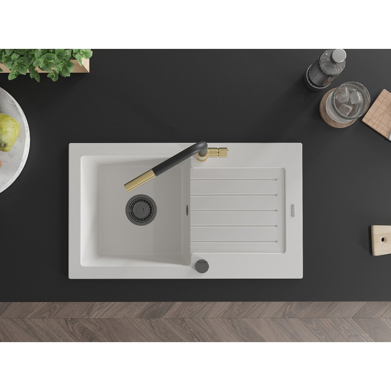Mexen Pablo 1-bowl granite sink with drainer and Flora kitchen faucet, white - 6510-20-670401-57-B