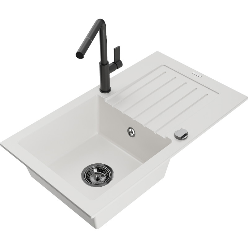 Mexen Pablo 1-bowl granite sink with drainer and Flora kitchen faucet, white - 6510-20-670401-70-B