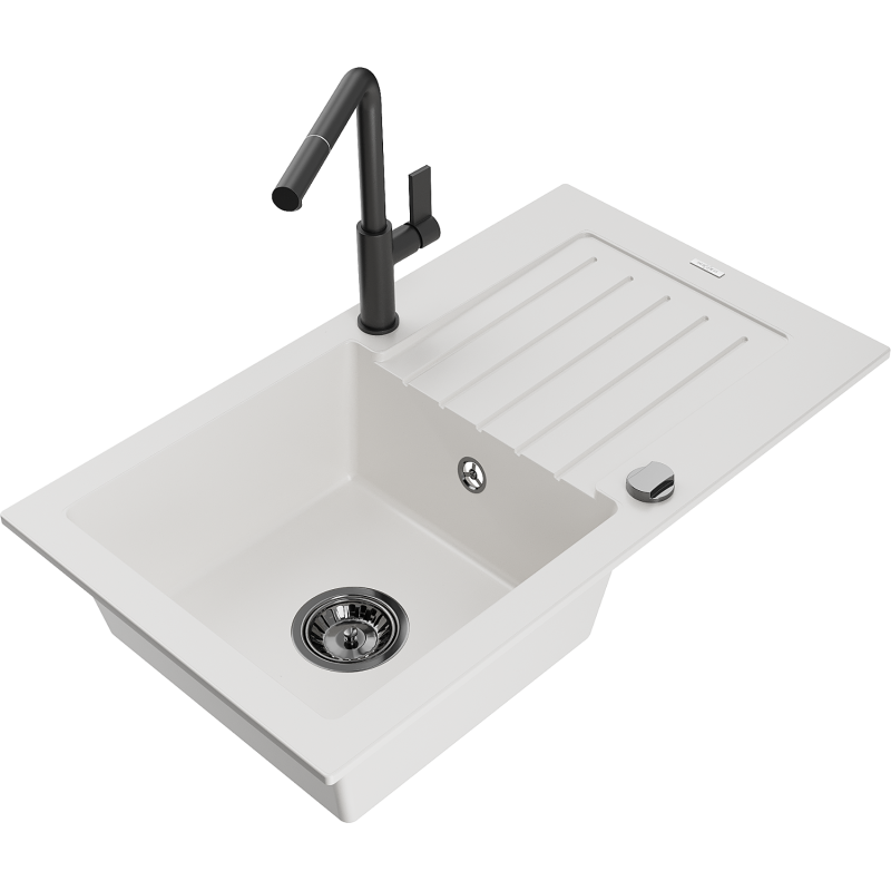 Mexen Pablo 1-compartment granite sink with a drip tray and kitchen mixer tap Flora, White - 6510-20-670401-70-B