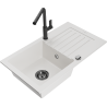 Mexen Pablo 1-compartment granite sink with a drip tray and kitchen mixer tap Flora, White - 6510-20-670401-70-B