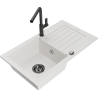Mexen Pablo granite sink with 1 bowl, drainer and Flora kitchen faucet, white - 6510-20-670401-70-B