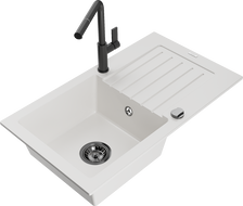 Mexen Pablo 1-compartment granite sink with a drip tray and kitchen mixer tap Flora, White - 6510-20-670401-70-B