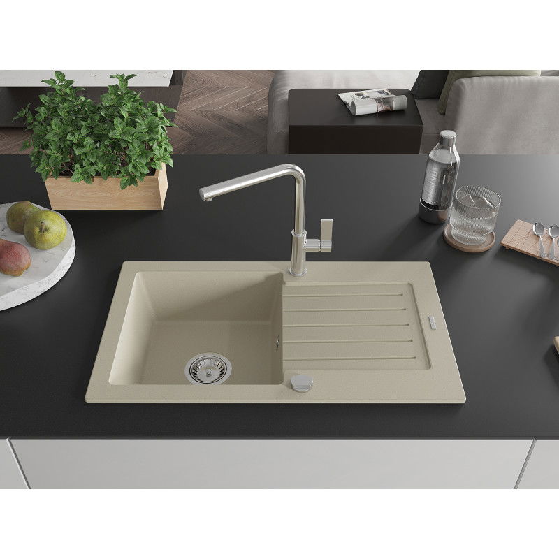 Mexen Pablo 1-bowl granite kitchen sink with draining board and Flora kitchen tap, beige - 6510-69-670401-00