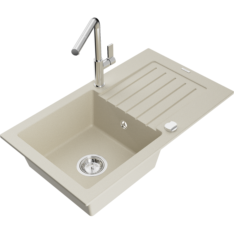 Mexen Pablo 1-bowl granite kitchen sink with draining board and Flora kitchen tap, beige - 6510-69-670401-00
