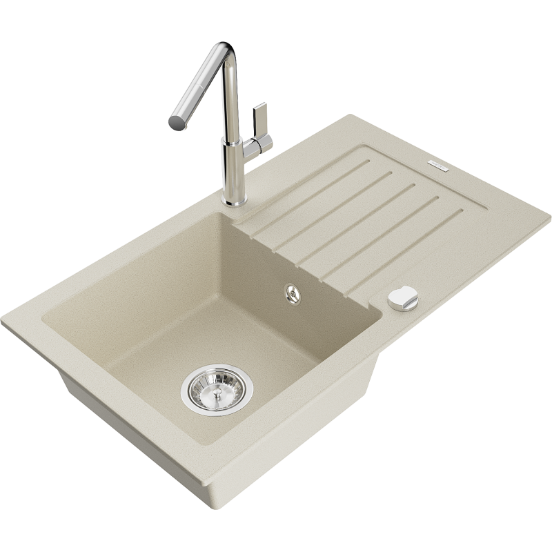 Mexen Pablo 1-compartment granite sink with a drip tray and kitchen mixer tap Flora, Beige - 6510-69-670401-00