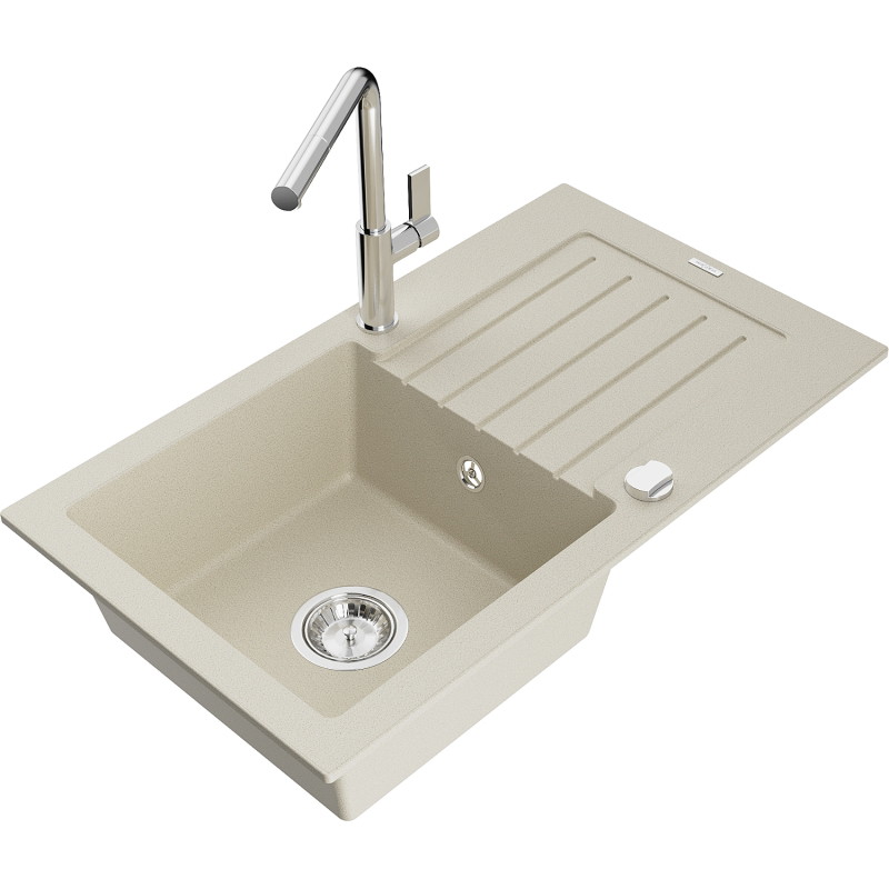 Mexen Pablo granite kitchen sink with 1 basin, drainer and Flora kitchen faucet, beige - 6510-69-670401-00