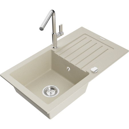 Mexen Pablo 1-bowl granite kitchen sink with draining board and Flora kitchen tap, beige - 6510-69-670401-00