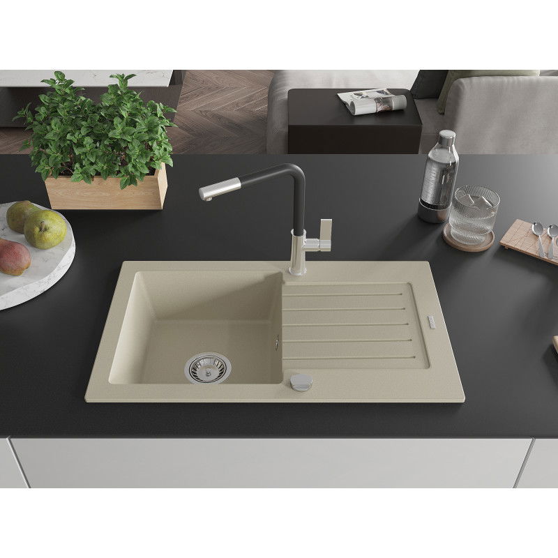 Mexen Pablo 1-bowl granite sink with drainer and Flora kitchen tap, beige - 6510-69-670401-07