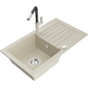 Mexen Pablo 1-Bowl Granite Sink with Drainer and Flora Kitchen Faucet, Beige - 6510-69-670401-07