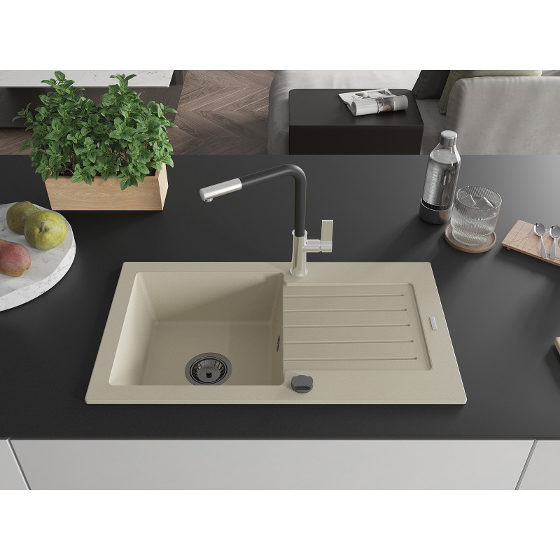 Mexen Pablo 1-bowl granite sink with drainer and Flora kitchen faucet, beige - 6510-69-670401-07-B