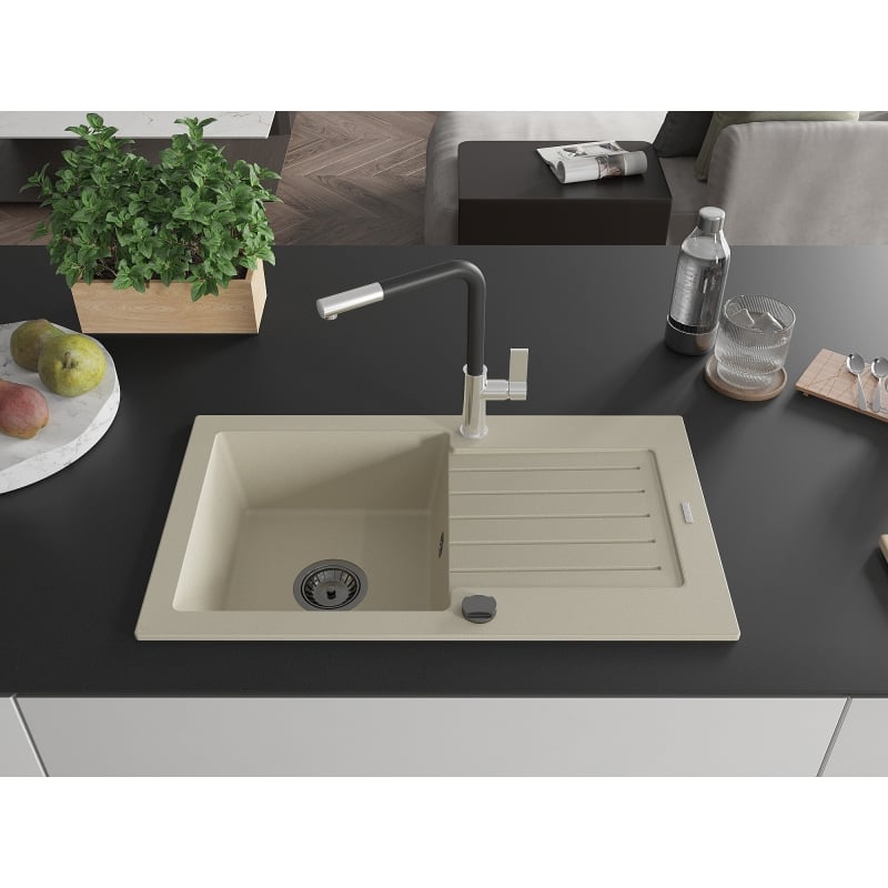 Mexen Pablo granite single-bowl sink with drainer and Flora kitchen faucet, beige - 6510-69-670401-07-B