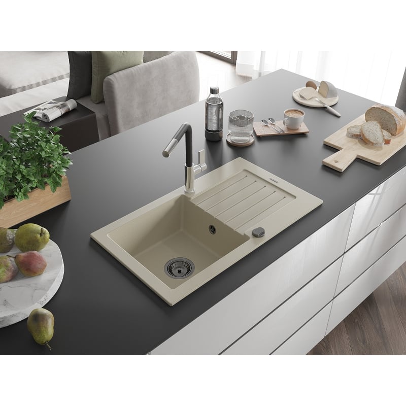 Mexen Pablo 1-bowl granite sink with drainer and Flora kitchen faucet, beige - 6510-69-670401-07-B