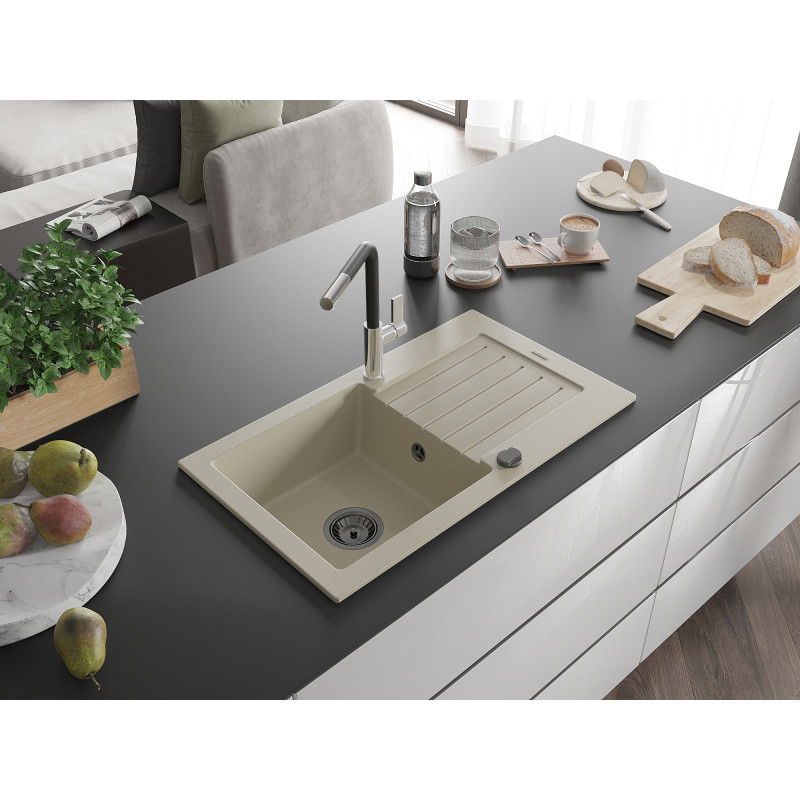 Mexen Pablo granite sink, single bowl with drainer and Flora kitchen tap, beige - 6510-69-670401-07-B