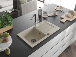 Mexen Pablo 1-compartment granite sink with a drip tray and kitchen mixer tap Flora, Beige - 6510-69-670401-07-B