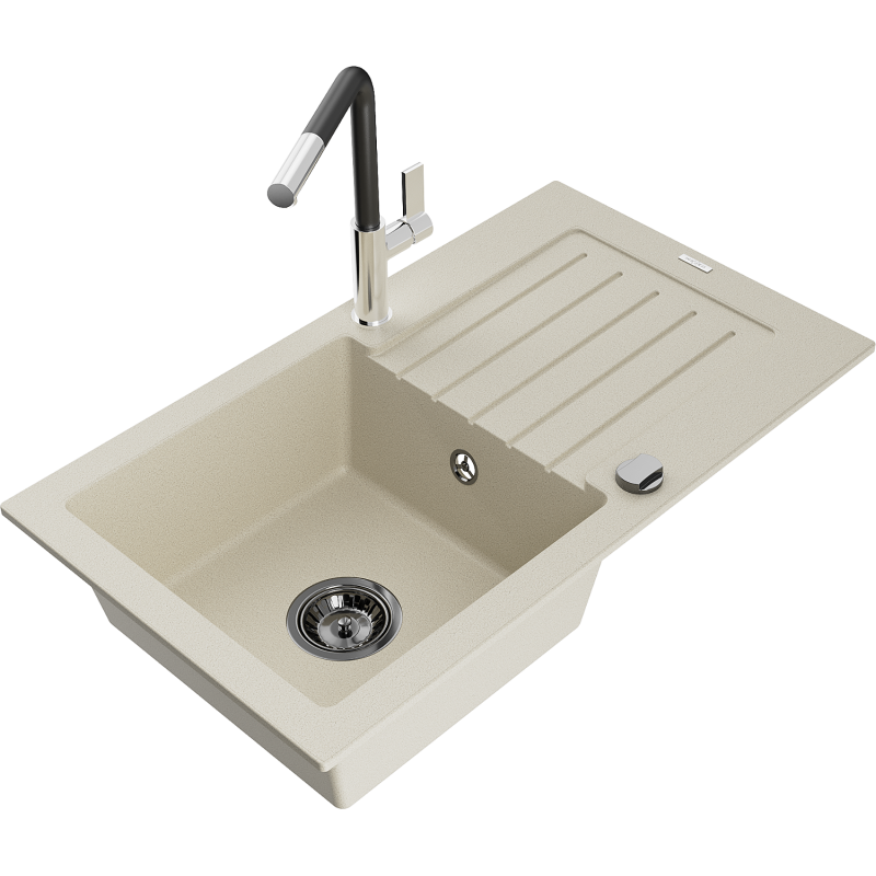 Mexen Pablo 1-compartment granite sink with a drip tray and kitchen mixer tap Flora, Beige - 6510-69-670401-07-B