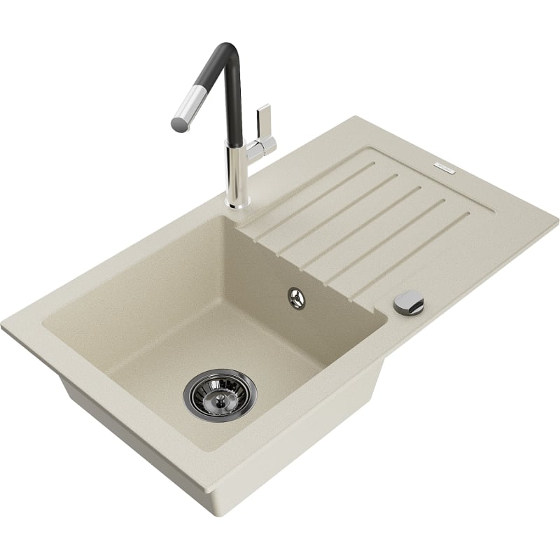 Mexen Pablo granite single-bowl sink with drainer and Flora kitchen faucet, beige - 6510-69-670401-07-B