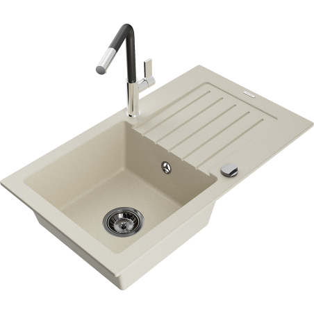 Mexen Pablo 1-compartment granite sink with a drip tray and kitchen mixer tap Flora, Beige - 6510-69-670401-07-B