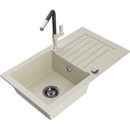 Mexen Pablo granite single-bowl sink with drainer and Flora kitchen faucet, beige - 6510-69-670401-07-B