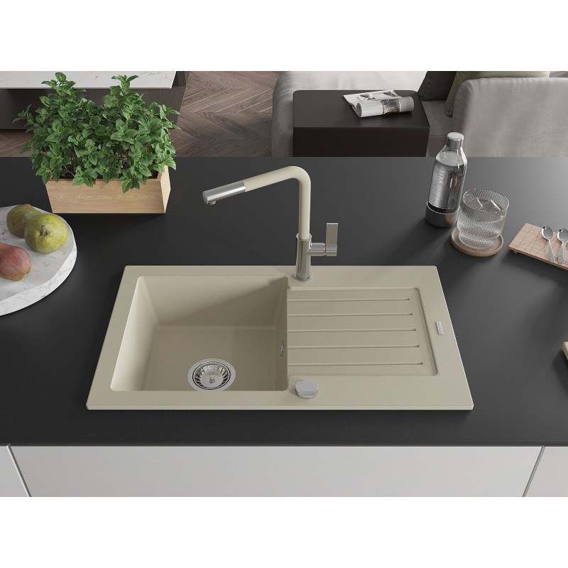 Mexen Pablo 1-bowl granite kitchen sink with drainer and Flora faucet, beige - 6510-69-670401-09