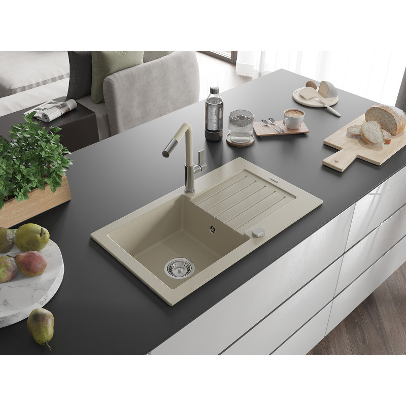 Mexen Pablo 1-bowl granite sink with drainer and Flora kitchen faucet, beige - 6510-69-670401-09