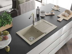 Mexen Pablo 1-compartment granite sink with a drip tray and kitchen mixer tap Flora, Beige - 6510-69-670401-09