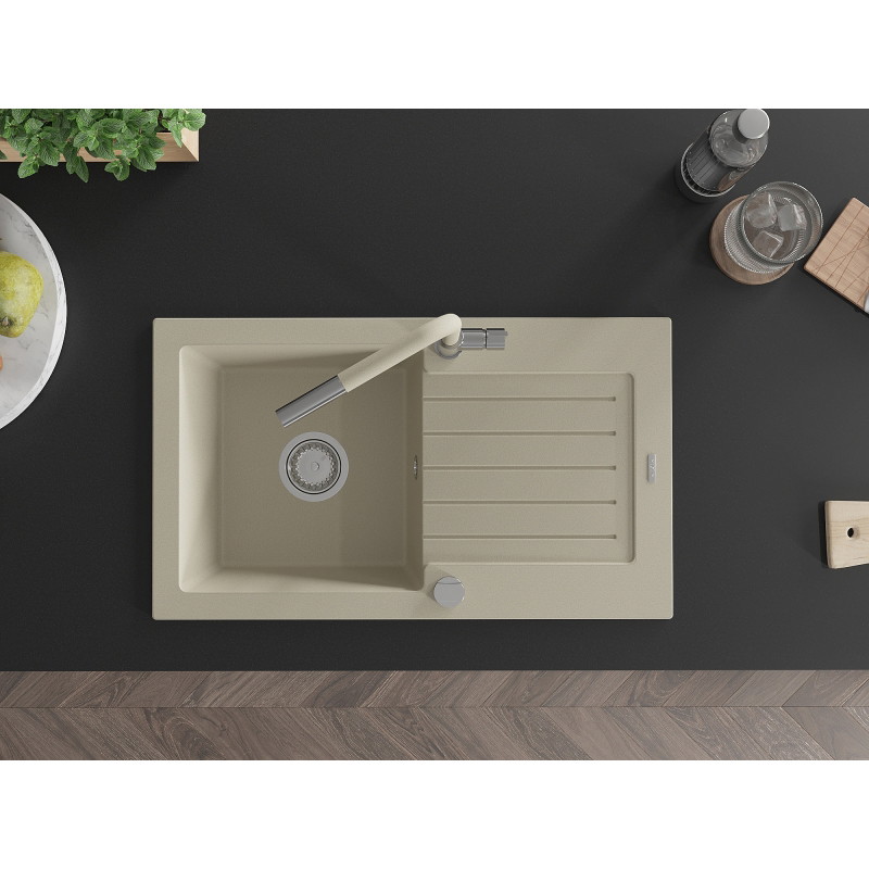 Mexen Pablo 1-bowl granite kitchen sink with drainer and Flora faucet, beige - 6510-69-670401-09