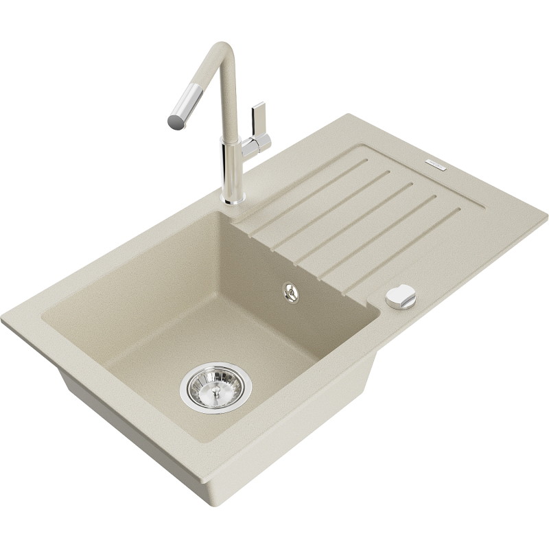 Mexen Pablo 1-bowl granite kitchen sink with drainer and Flora faucet, beige - 6510-69-670401-09