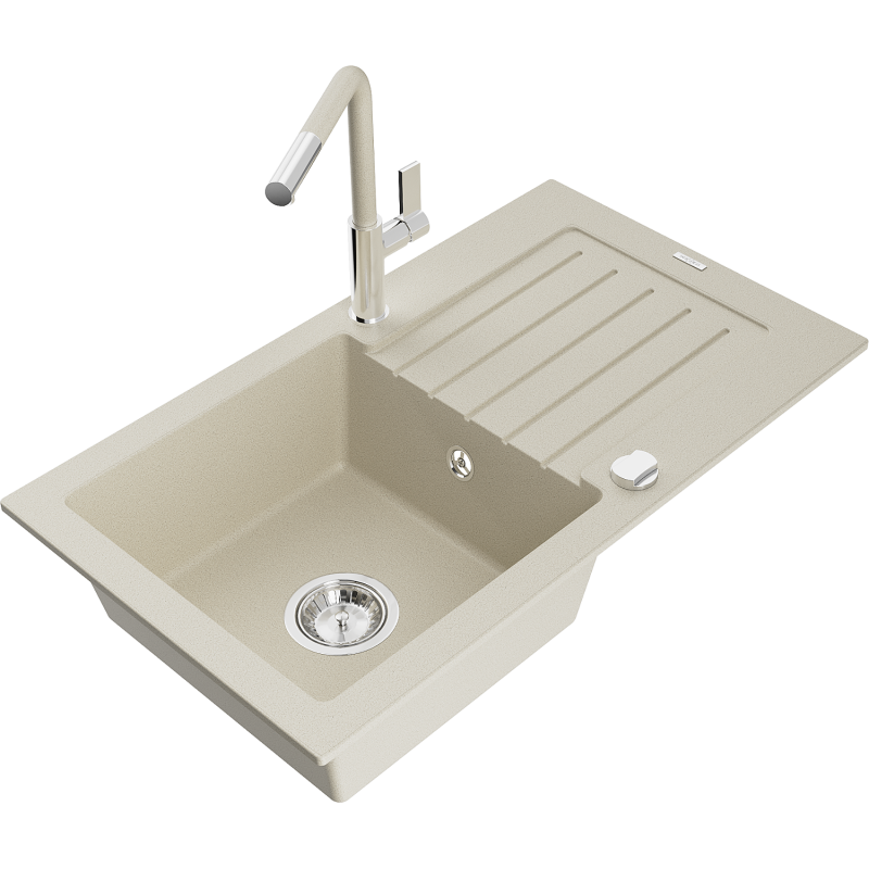 Mexen Pablo 1-bowl granite sink with drainer and Flora kitchen tap, beige - 6510-69-670401-09