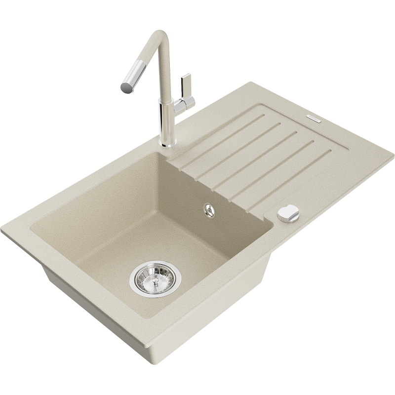 Mexen Pablo 1-compartment granite sink with a drip tray and kitchen mixer tap Flora, Beige - 6510-69-670401-09