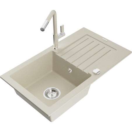 Mexen Pablo 1-bowl granite sink with drainer and Flora kitchen tap, beige - 6510-69-670401-09