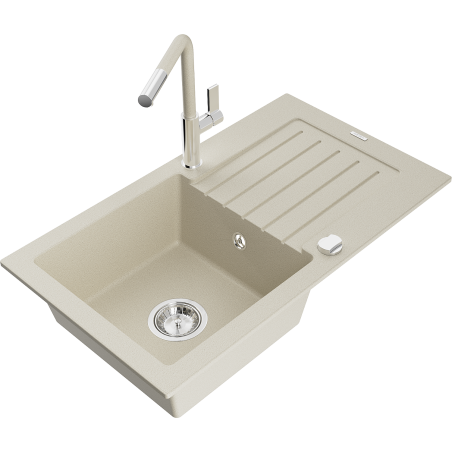 Mexen Pablo 1-compartment granite sink with a drip tray and kitchen mixer tap Flora, Beige - 6510-69-670401-09