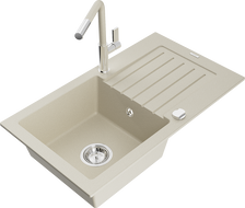 Mexen Pablo 1-compartment granite sink with a drip tray and kitchen mixer tap Flora, Beige - 6510-69-670401-09