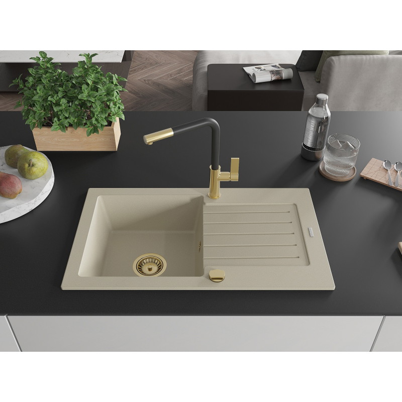 Mexen Pablo 1-bowl granite sink with drainer and Flora kitchen faucet, beige - 6510-69-670401-57-G
