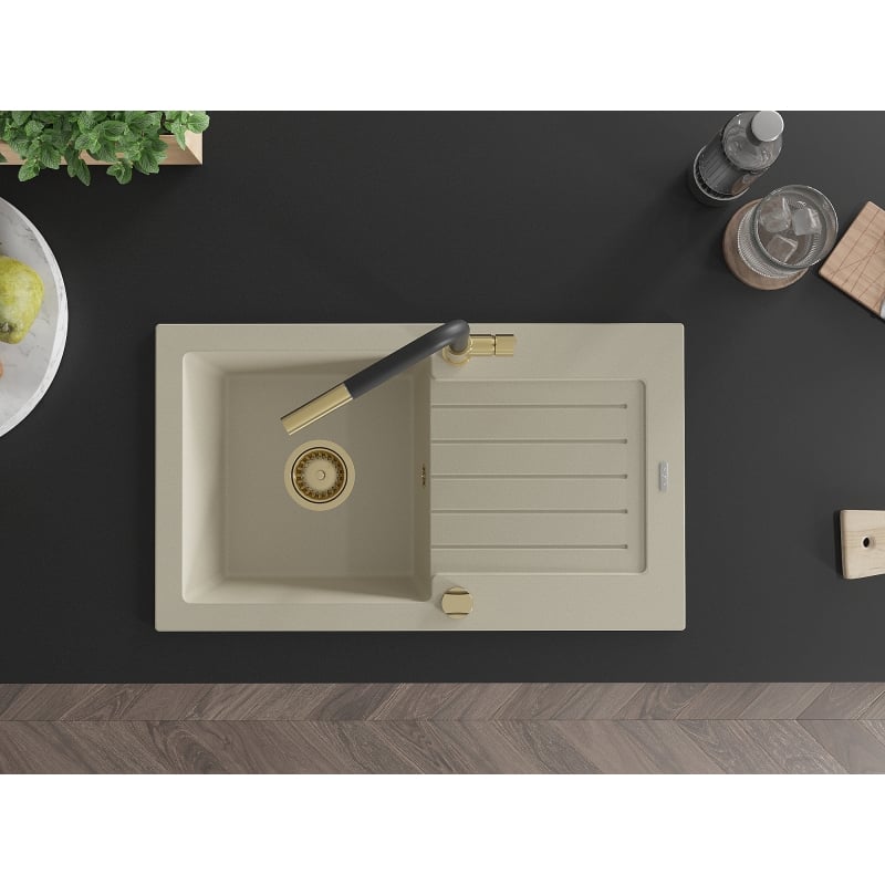 Mexen Pablo 1-bowl granite kitchen sink with drainer and Flora faucet, beige - 6510-69-670401-57-G