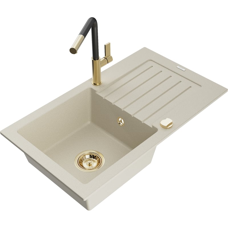Mexen Pablo 1-bowl granite kitchen sink with drainer and Flora faucet, beige - 6510-69-670401-57-G