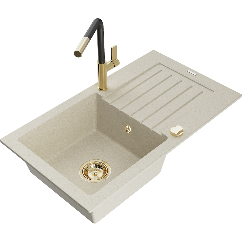 Mexen Pablo 1-compartment granite sink with a drip tray and kitchen mixer tap Flora, Beige - 6510-69-670401-57-G