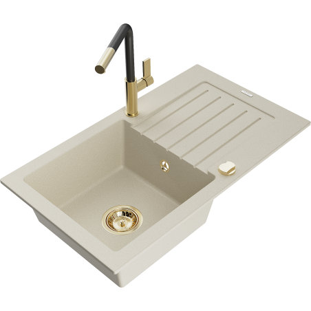 Mexen Pablo 1-bowl granite kitchen sink with drainer and Flora faucet, beige - 6510-69-670401-57-G