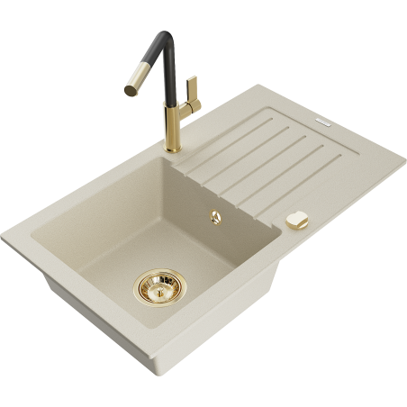 Mexen Pablo 1-compartment granite sink with a drip tray and kitchen mixer tap Flora, Beige - 6510-69-670401-57-G