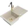 Mexen Pablo 1-bowl granite sink with drainer and Flora kitchen faucet, beige - 6510-69-670401-57-G