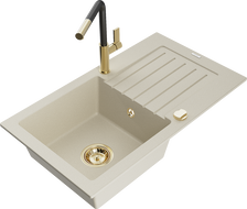 Mexen Pablo 1-compartment granite sink with a drip tray and kitchen mixer tap Flora, Beige - 6510-69-670401-57-G