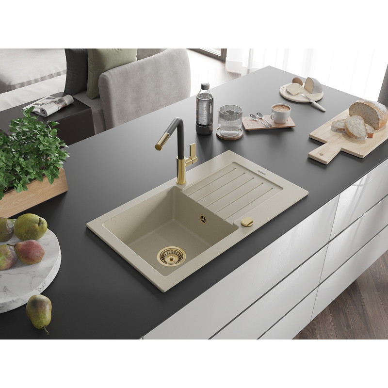 Mexen Pablo 1-bowl granite sink with drainer and Flora kitchen faucet, beige - 6510-69-670401-57-G