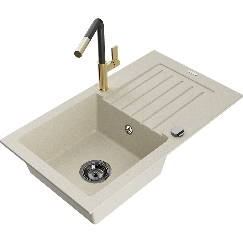 Mexen Pablo 1-bowl granite sink with drainer and Flora kitchen tap, beige - 6510-69-670401-57-B