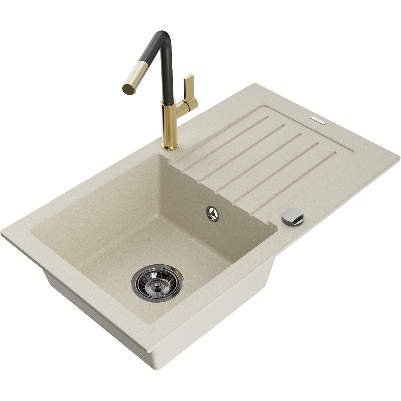 Mexen Pablo granite sink single-bowl with drainer and kitchen faucet Flora, beige - 6510-69-670401-57-B