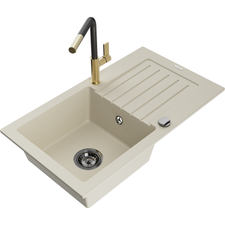 Mexen Pablo 1-bowl granite sink with drainer and Flora kitchen tap, beige - 6510-69-670401-57-B