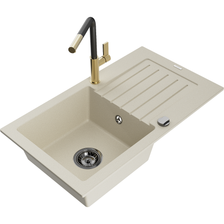 Mexen Pablo granite single-bowl sink with drainer and Flora kitchen faucet, beige - 6510-69-670401-57-B