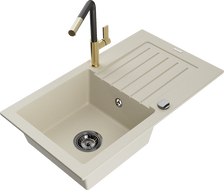 Mexen Pablo 1-compartment granite sink with a drip tray and kitchen mixer tap Flora, Beige - 6510-69-670401-57-B