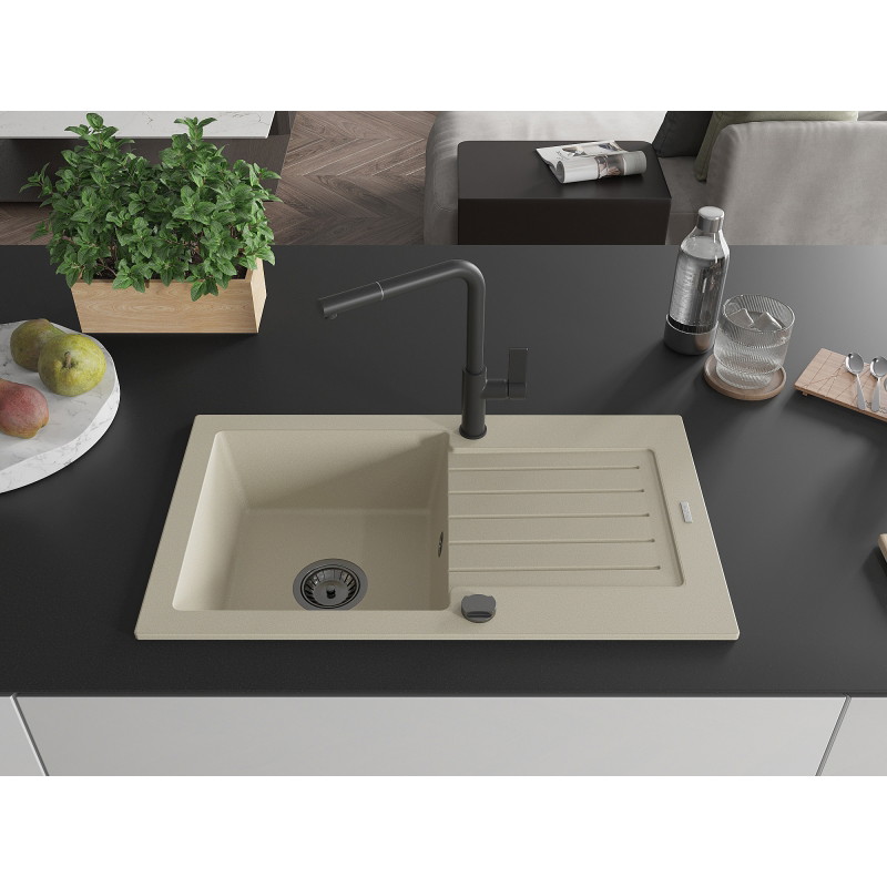 Mexen Pablo granite sink 1-bowl with drainer and Flora kitchen faucet, beige - 6510-69-670401-70-B