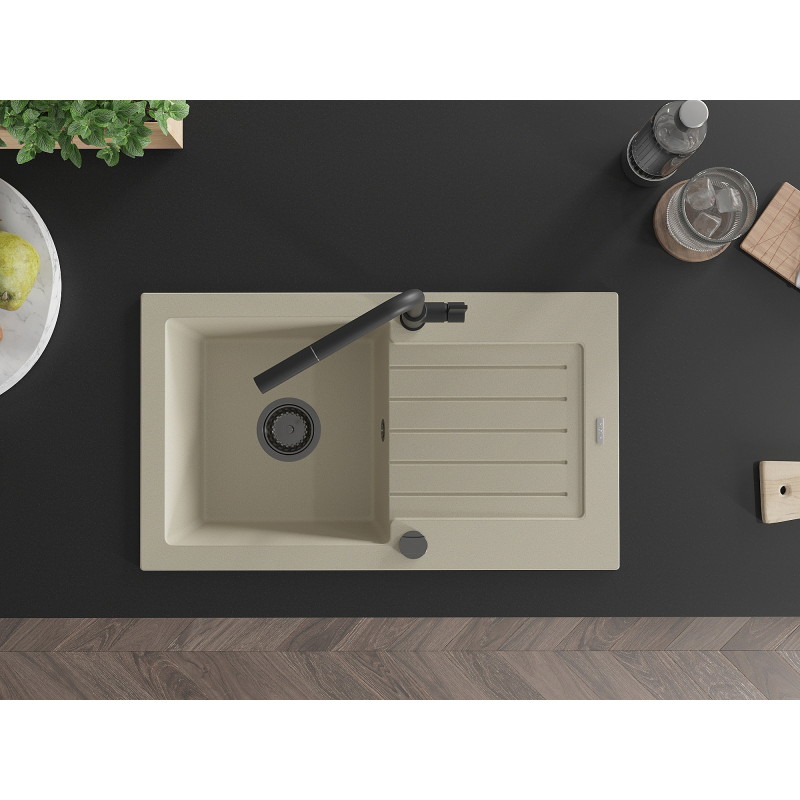Mexen Pablo granite sink 1-bowl with drainer and Flora kitchen faucet, beige - 6510-69-670401-70-B