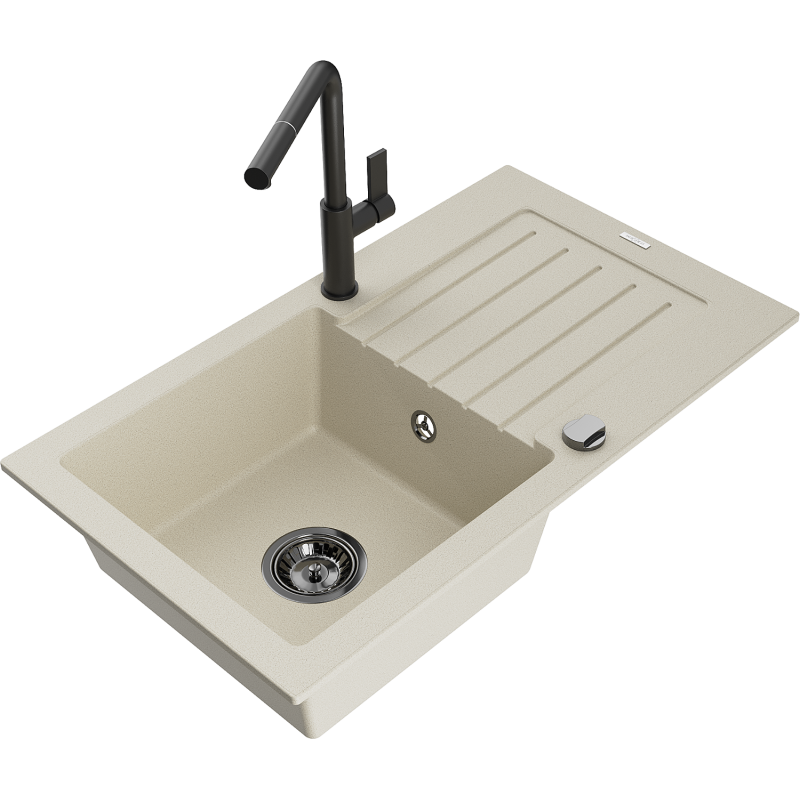 Mexen Pablo 1-compartment granite sink with a drip tray and kitchen mixer tap Flora, Beige - 6510-69-670401-70-B