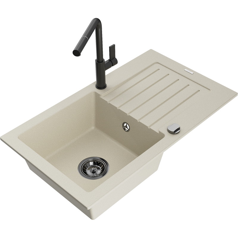 Mexen Pablo granite sink 1-bowl with drainer and Flora kitchen faucet, beige - 6510-69-670401-70-B
